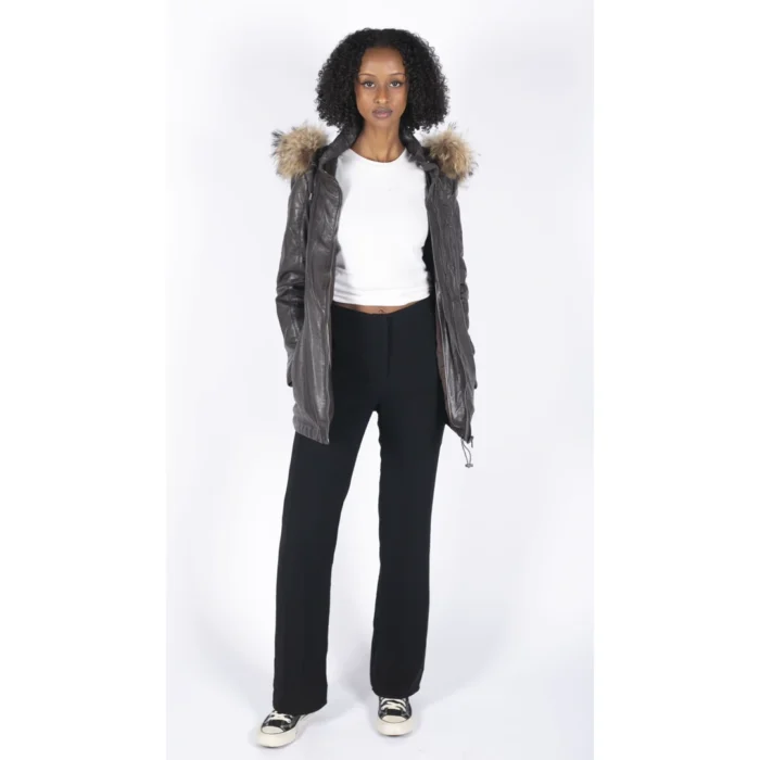 Womens Real Leather Parka Jacket 3/4 Fur Hood Zipped Brown Tan Grey Tailored Fit - Image 9