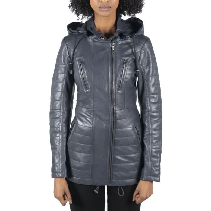 Womens Real Leather Parka Jacket 3/4 Fur Hood Zipped Brown Tan Grey Tailored Fit - Image 11