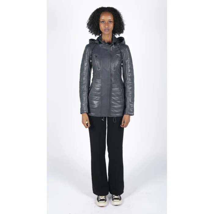 Womens Real Leather Parka Jacket 3/4 Fur Hood Zipped Brown Tan Grey Tailored Fit - Image 12