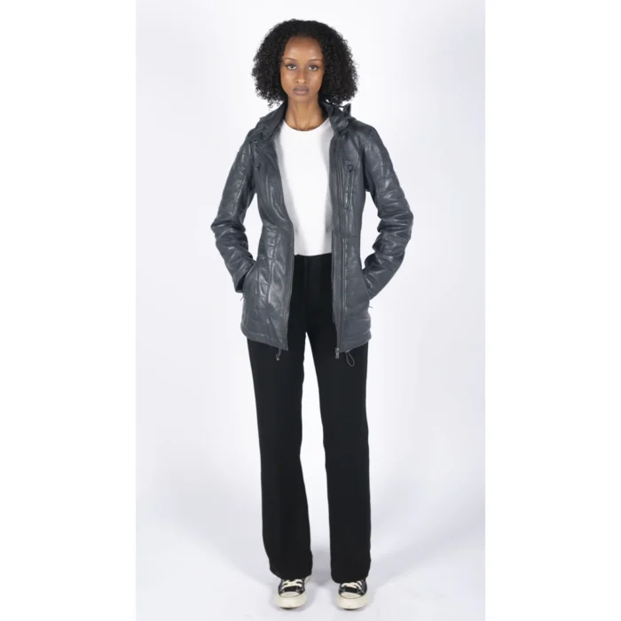 Womens Real Leather Parka Jacket 3/4 Fur Hood Zipped Brown Tan Grey Tailored Fit - Image 13