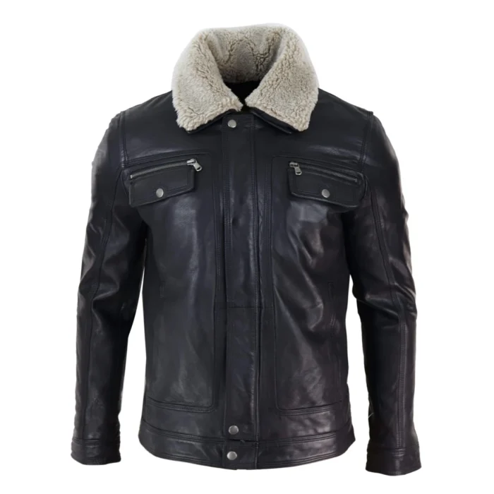 Mens Black brown Real Leather Jacket Sheepskin Collar Short Zip Button - Image 1