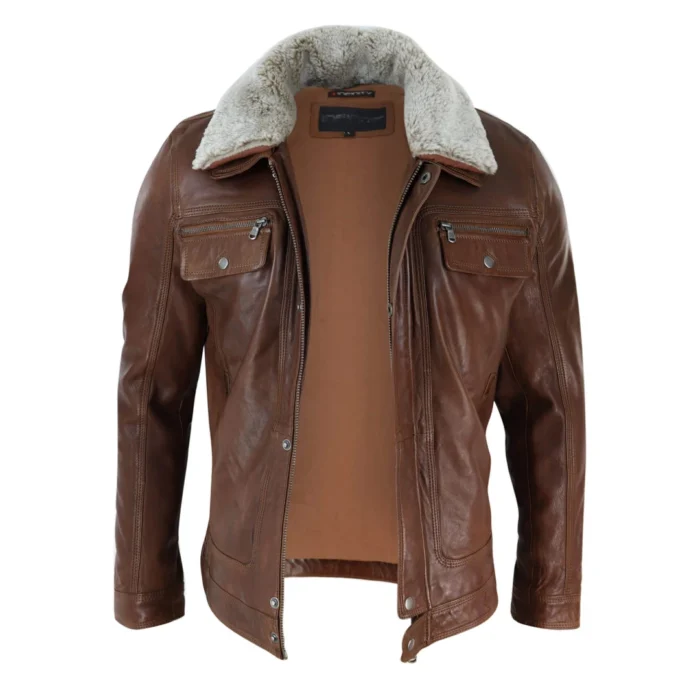 Mens Black brown Real Leather Jacket Sheepskin Collar Short Zip Button - Image 10