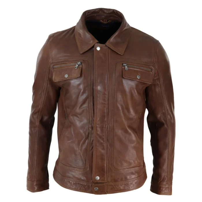 Mens Black brown Real Leather Jacket Sheepskin Collar Short Zip Button - Image 11