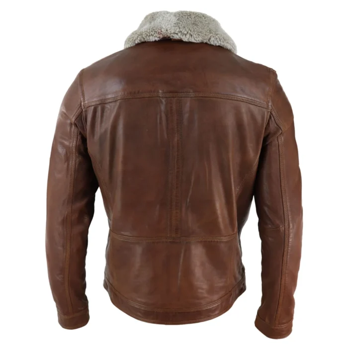 Mens Black brown Real Leather Jacket Sheepskin Collar Short Zip Button - Image 12