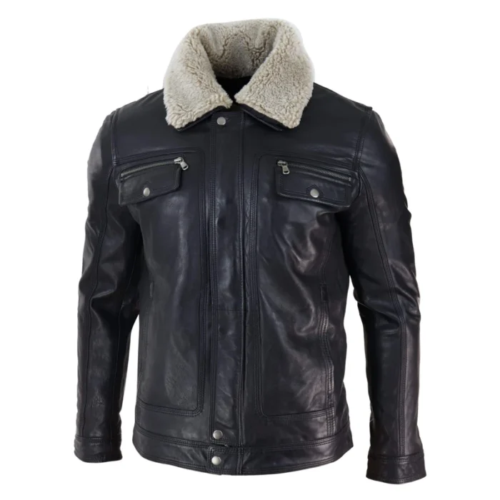 Mens Black brown Real Leather Jacket Sheepskin Collar Short Zip Button - Image 2