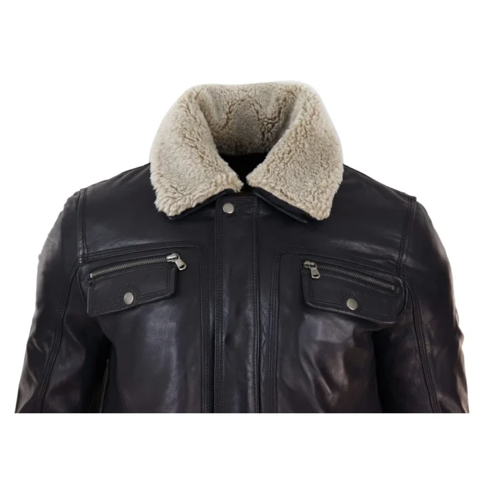 Mens Black brown Real Leather Jacket Sheepskin Collar Short Zip Button - Image 3