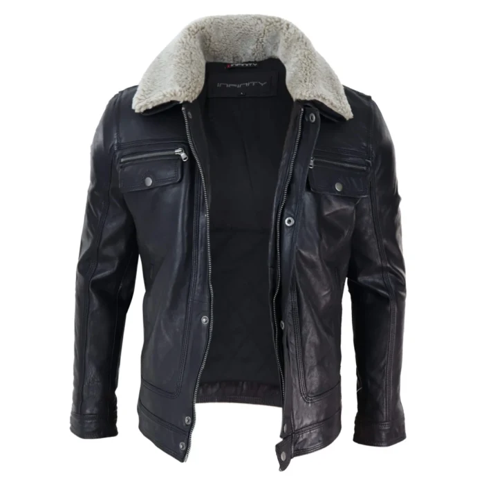 Mens Black brown Real Leather Jacket Sheepskin Collar Short Zip Button - Image 4