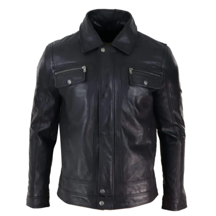 Mens Black brown Real Leather Jacket Sheepskin Collar Short Zip Button - Image 5