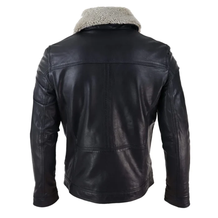 Mens Black brown Real Leather Jacket Sheepskin Collar Short Zip Button - Image 6