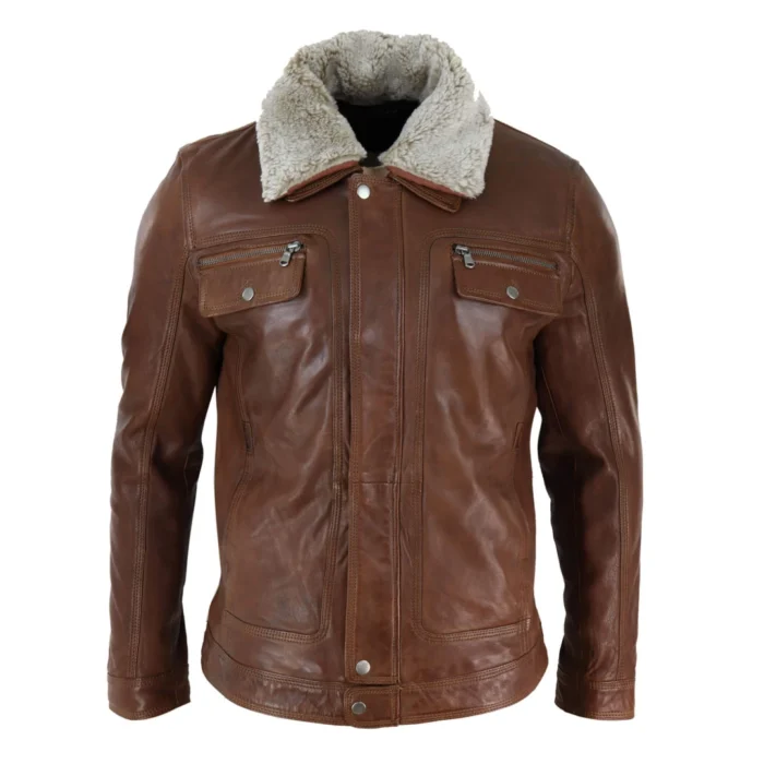 Mens Black brown Real Leather Jacket Sheepskin Collar Short Zip Button - Image 7