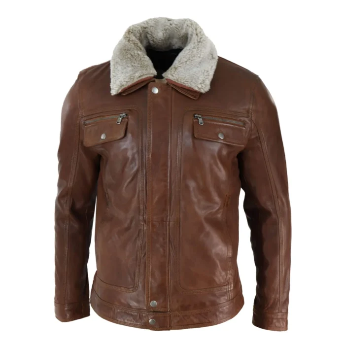 Mens Black brown Real Leather Jacket Sheepskin Collar Short Zip Button - Image 8