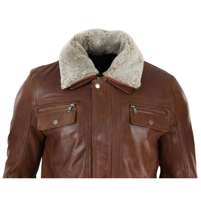 Mens Black brown Real Leather Jacket Sheepskin Collar Short Zip Button - Image 9