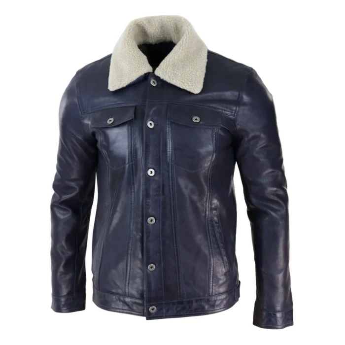 Mens Real Leather Jeans Jacket Fur Collar Retro Vintage Classic Navy Blue Casual - Image 2