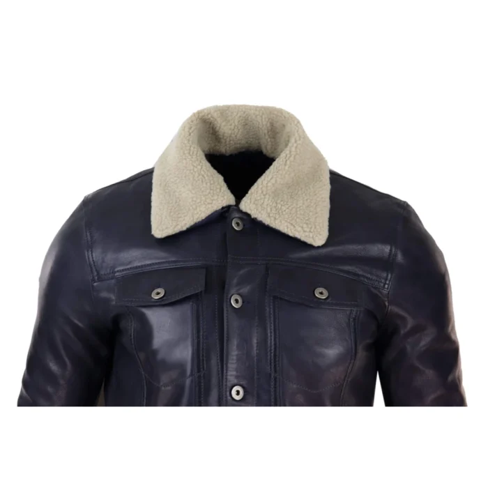 Mens Real Leather Jeans Jacket Fur Collar Retro Vintage Classic Navy Blue Casual - Image 3