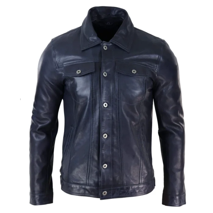 Mens Real Leather Jeans Jacket Fur Collar Retro Vintage Classic Navy Blue Casual - Image 5