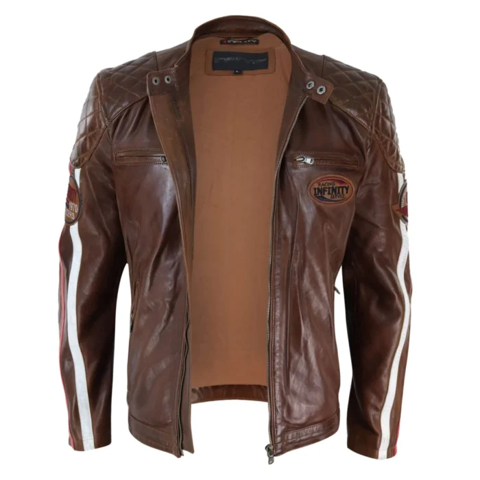 Mens Black Navy Brown Real Leather Racing Jacket Stripe Sleeves Moto Biker - Image 14