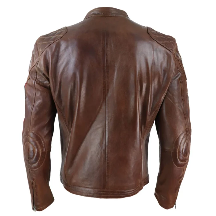 Mens Black Navy Brown Real Leather Racing Jacket Stripe Sleeves Moto Biker - Image 15