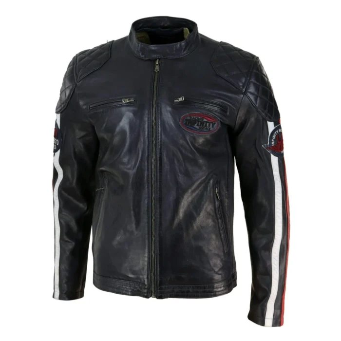Mens Black Navy Brown Real Leather Racing Jacket Stripe Sleeves Moto Biker - Image 2