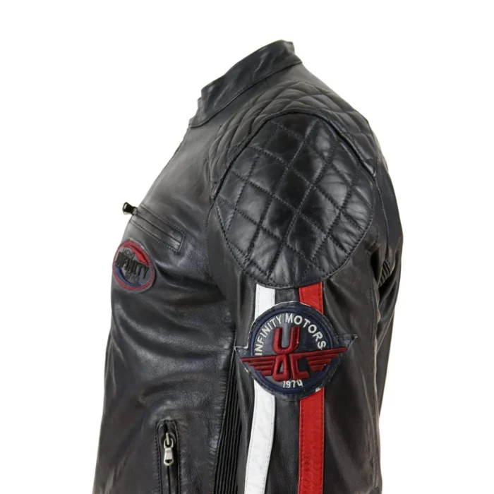 Mens Black Navy Brown Real Leather Racing Jacket Stripe Sleeves Moto Biker - Image 4