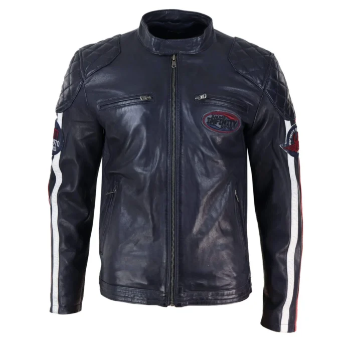 Mens Black Navy Brown Real Leather Racing Jacket Stripe Sleeves Moto Biker - Image 5