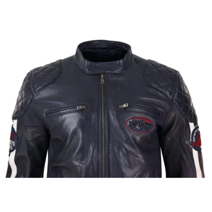 Mens Black Navy Brown Real Leather Racing Jacket Stripe Sleeves Moto Biker - Image 7