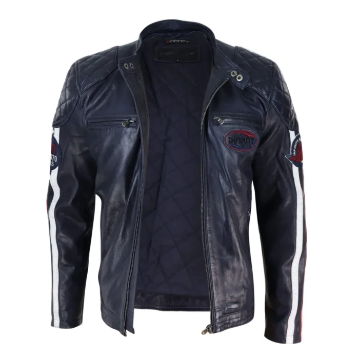 Mens Black Navy Brown Real Leather Racing Jacket Stripe Sleeves Moto Biker - Image 8