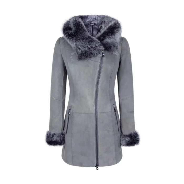 Grey Ladies Long Suede Real Toscana Sheepskin Coat Zipped Hood Tailored Fit - Image 1