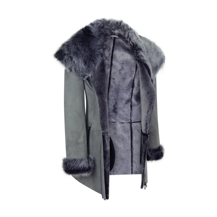 Grey Ladies Long Suede Real Toscana Sheepskin Coat Zipped Hood Tailored Fit - Image 9