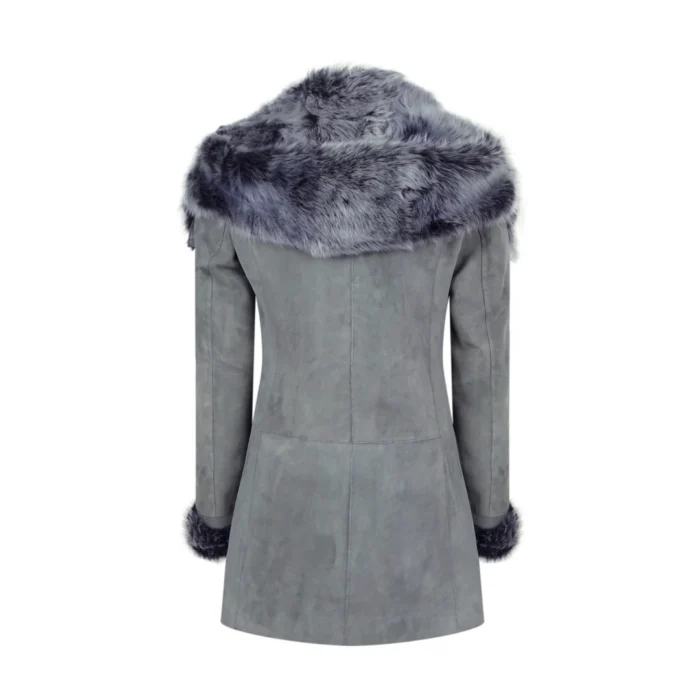 Grey Ladies Long Suede Real Toscana Sheepskin Coat Zipped Hood Tailored Fit - Image 10
