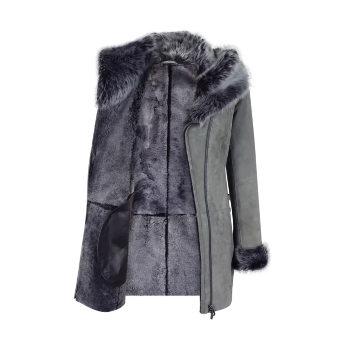 Grey Ladies Long Suede Real Toscana Sheepskin Coat Zipped Hood Tailored Fit - Image 6