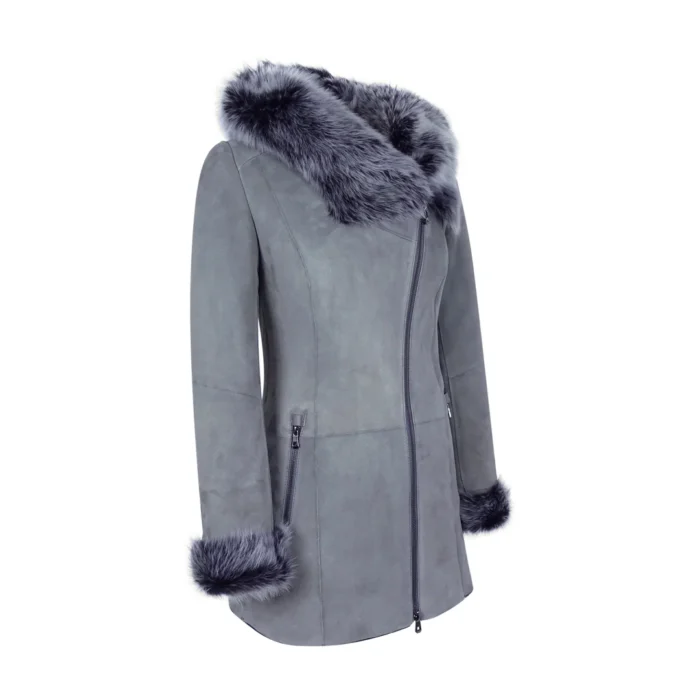 Grey Ladies Long Suede Real Toscana Sheepskin Coat Zipped Hood Tailored Fit - Image 2