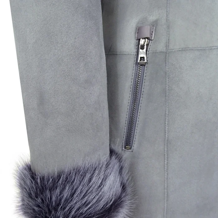 Grey Ladies Long Suede Real Toscana Sheepskin Coat Zipped Hood Tailored Fit - Image 3