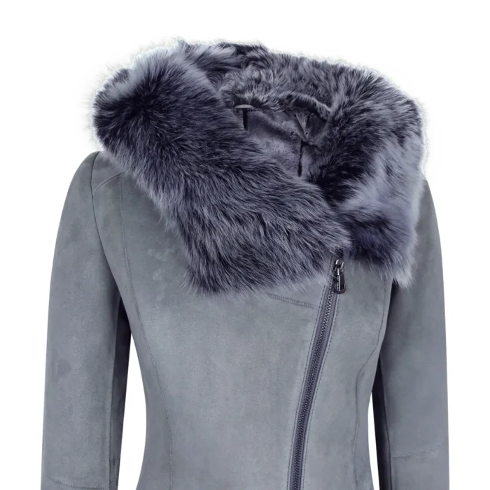 Grey Ladies Long Suede Real Toscana Sheepskin Coat Zipped Hood Tailored Fit - Image 5