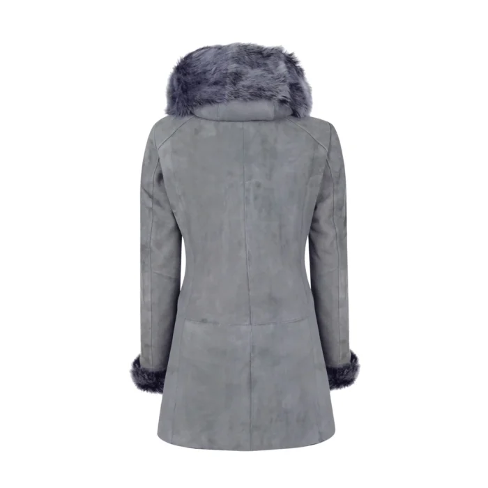 Grey Ladies Long Suede Real Toscana Sheepskin Coat Zipped Hood Tailored Fit - Image 11