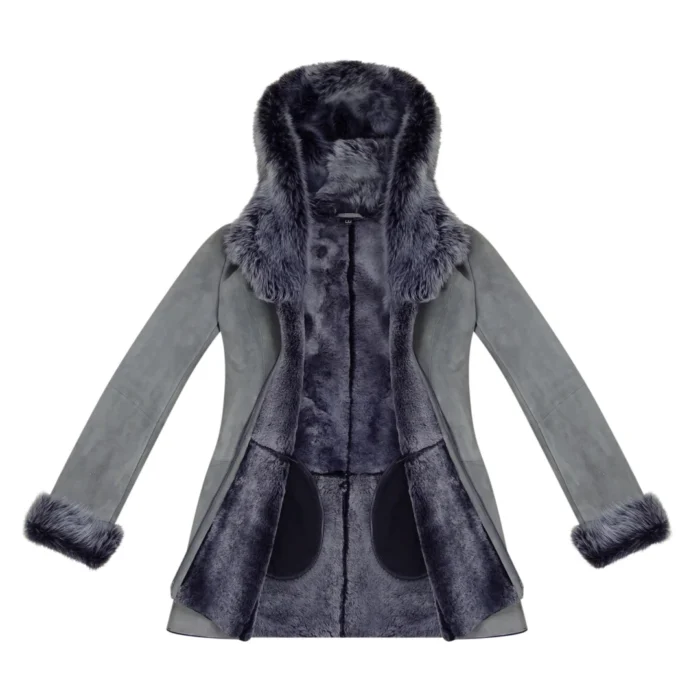 Grey Ladies Long Suede Real Toscana Sheepskin Coat Zipped Hood Tailored Fit - Image 8