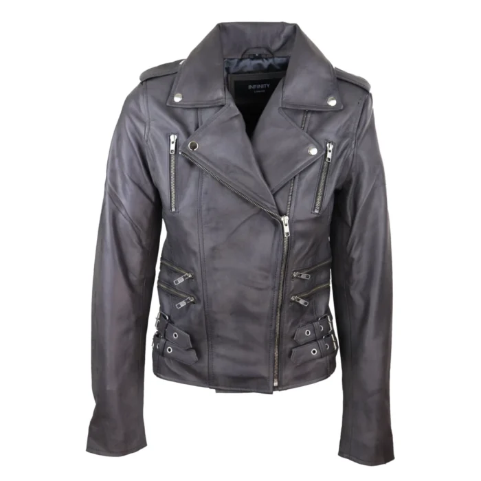 Womens Ladies Real Soft Leather Racing Style Biker Jacket - Image 21