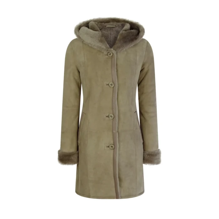 Womens Beige 3/4 Long Hood Real Morino Sheepskin Jacket Button Brown - Image 1