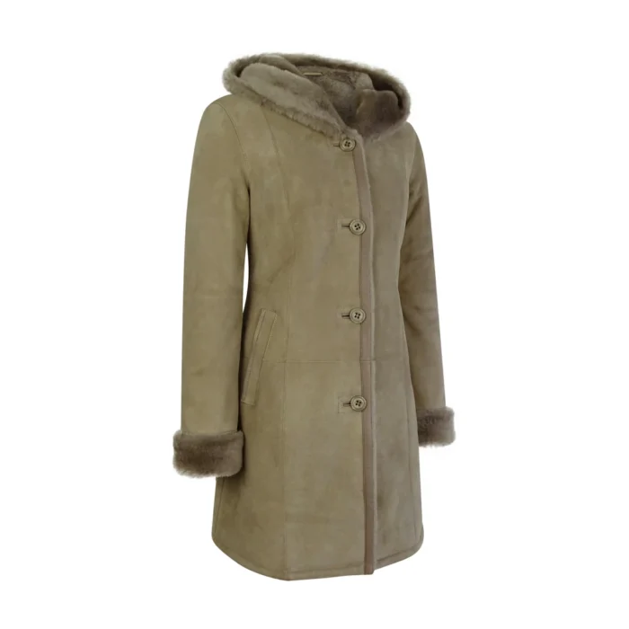 Womens Beige 3/4 Long Hood Real Morino Sheepskin Jacket Button Brown - Image 2