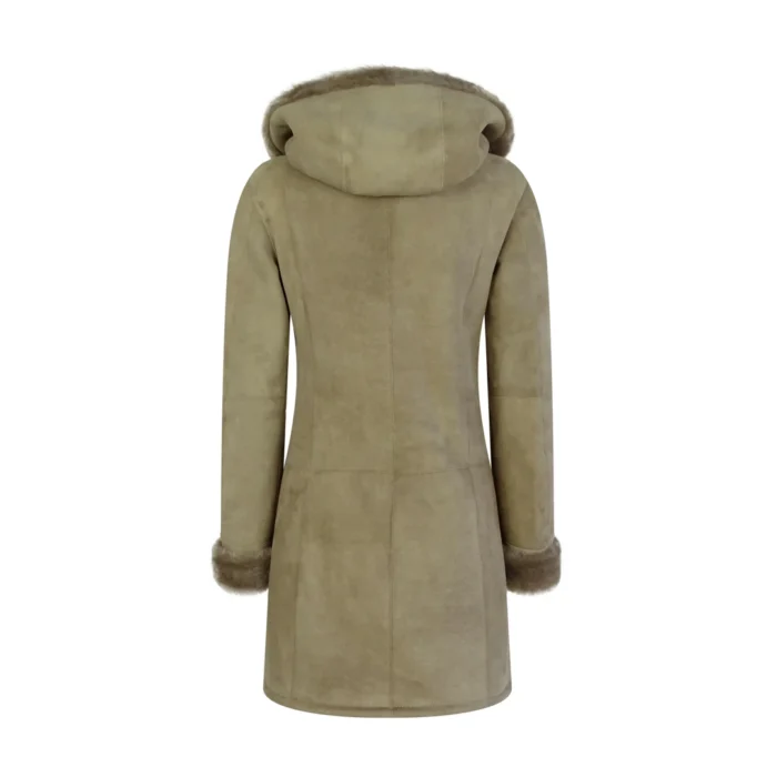 Womens Beige 3/4 Long Hood Real Morino Sheepskin Jacket Button Brown - Image 6