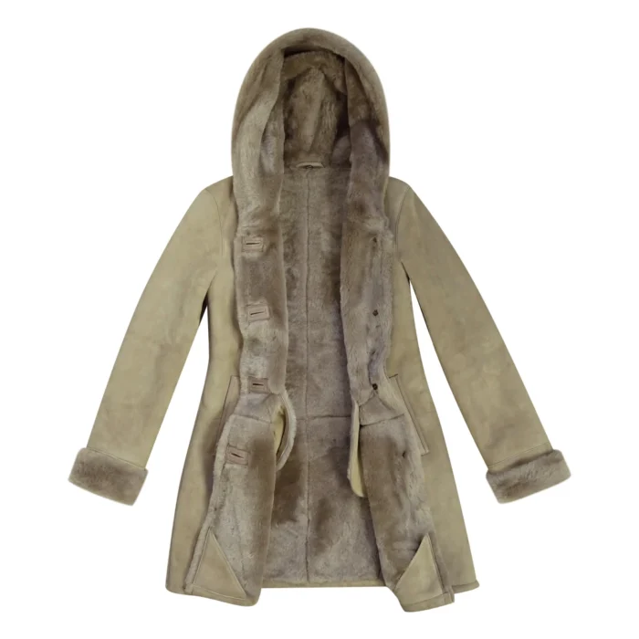 Womens Beige 3/4 Long Hood Real Morino Sheepskin Jacket Button Brown - Image 5