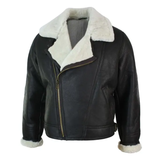 Mens Real Leather Sherling Cross Zip Sheepskin B3 Flying Pilot Jacket Warm Winter - Image 8