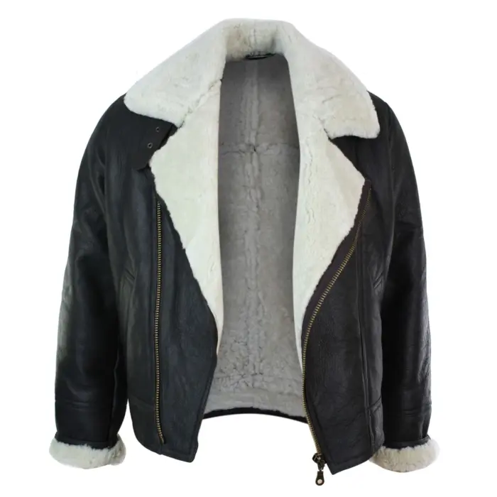 Mens Real Leather Sherling Cross Zip Sheepskin B3 Flying Pilot Jacket Warm Winter - Image 9