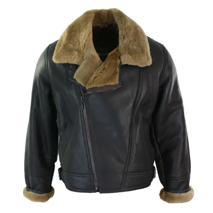 Mens Real Leather Sherling Cross Zip Sheepskin B3 Flying Pilot Jacket Warm Winter - Image 12