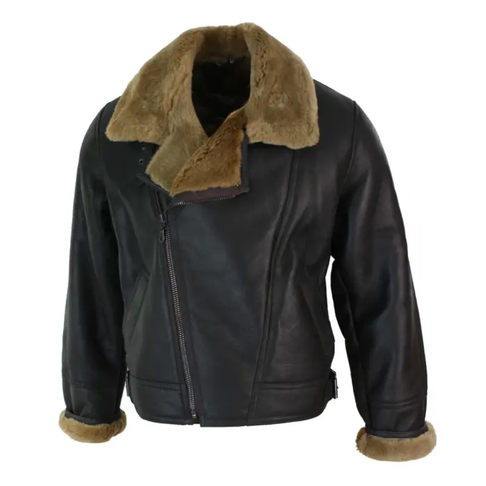 Mens Real Leather Sherling Cross Zip Sheepskin B3 Flying Pilot Jacket Warm Winter - Image 13