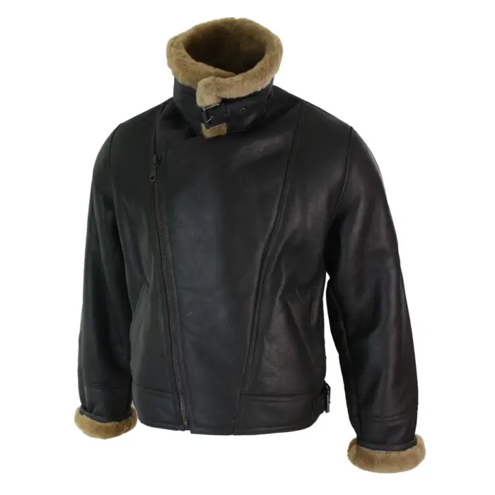 Mens Real Leather Sherling Cross Zip Sheepskin B3 Flying Pilot Jacket Warm Winter - Image 15