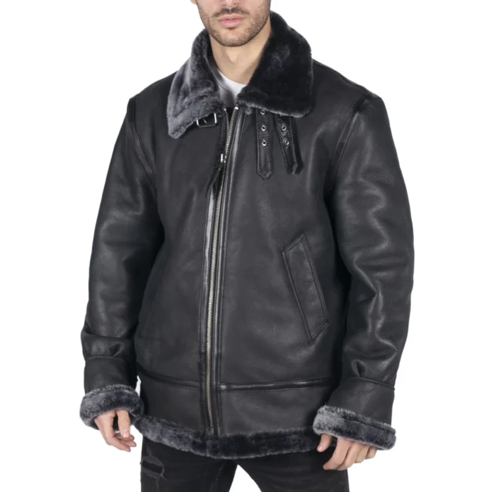 Mens Genuine Sheepskin Leather B3 Flying Aviator Jacket Black Grey Fur - Image 1