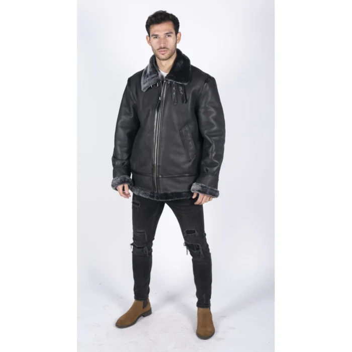 Mens Genuine Sheepskin Leather B3 Flying Aviator Jacket Black Grey Fur - Image 2