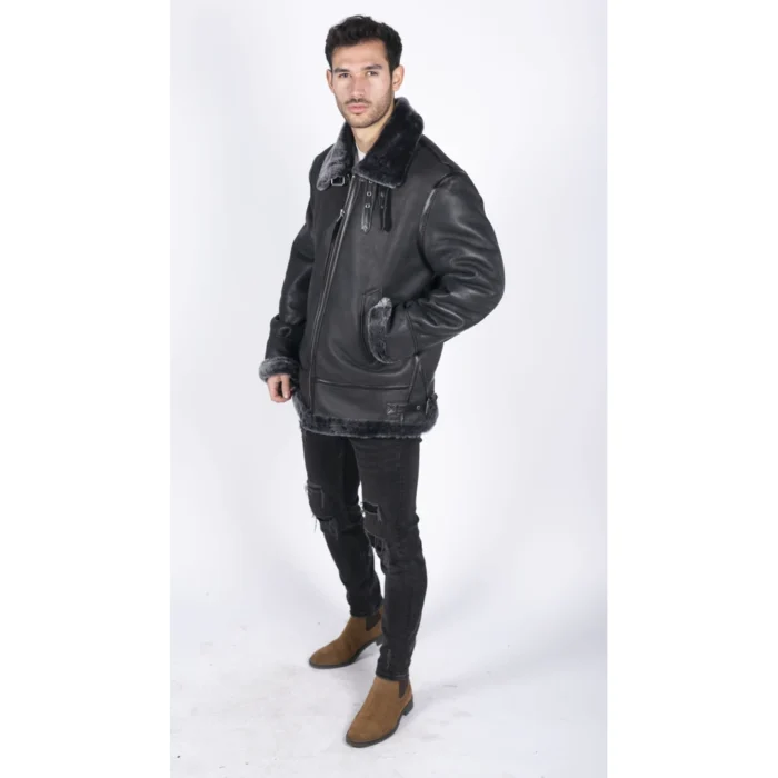 Mens Genuine Sheepskin Leather B3 Flying Aviator Jacket Black Grey Fur - Image 3