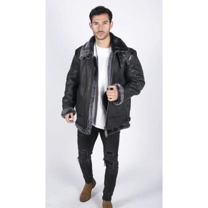 Mens Genuine Sheepskin Leather B3 Flying Aviator Jacket Black Grey Fur - Image 4