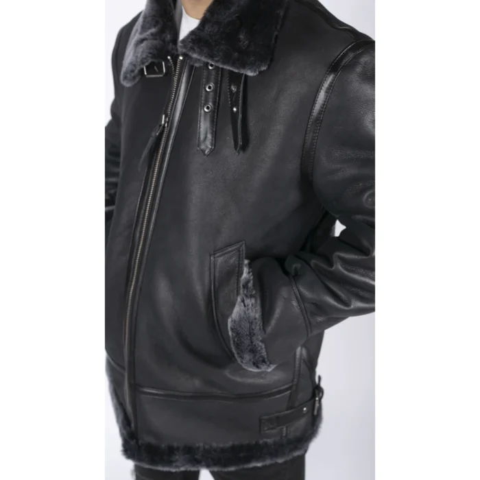 Mens Genuine Sheepskin Leather B3 Flying Aviator Jacket Black Grey Fur - Image 5